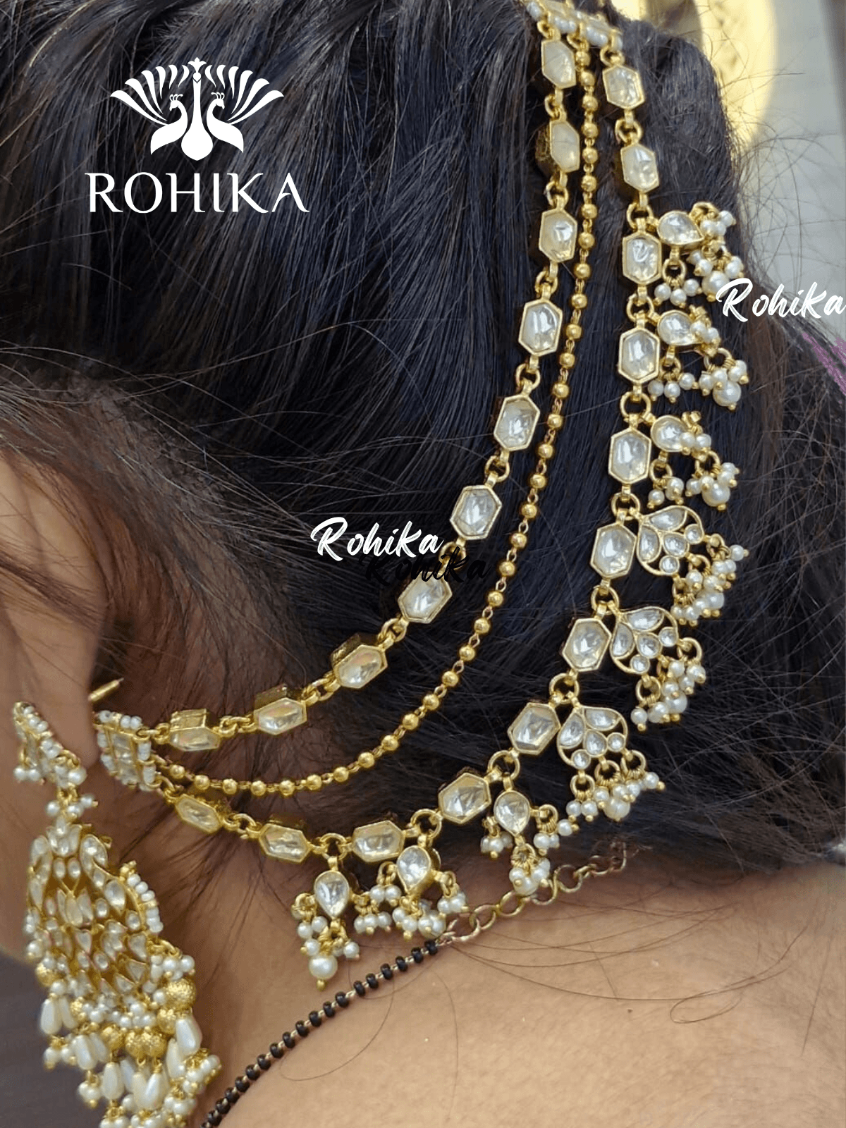 Pachhi kundan earchains -White - Rohika Store