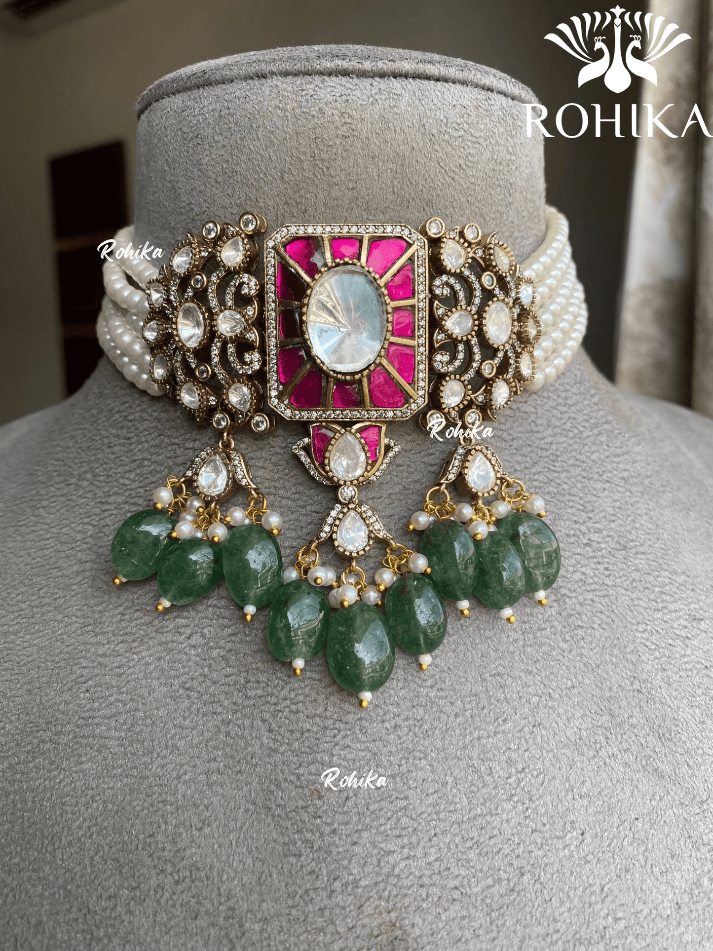 Akira moisanite choker set - Green & pink - Rohika Store