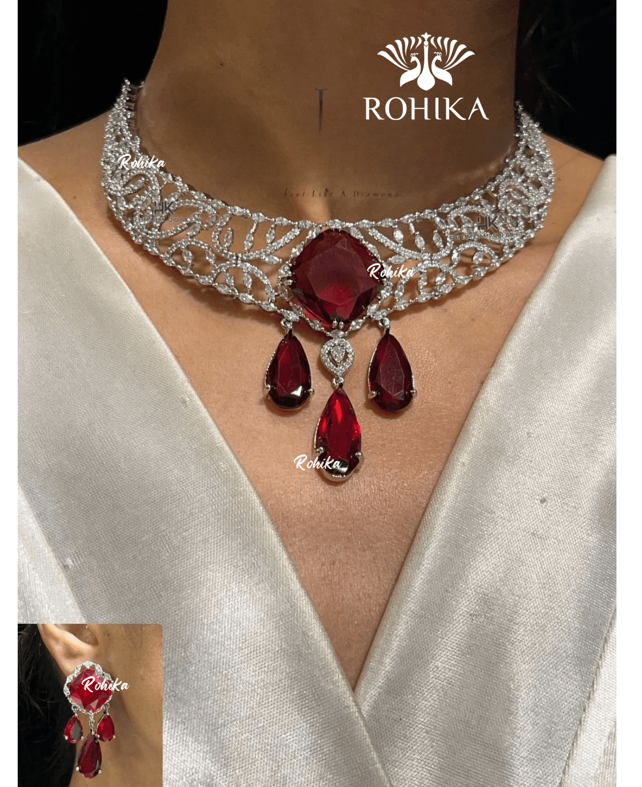 American diamond necklace set (ADN -001) - Red - Rohika Store