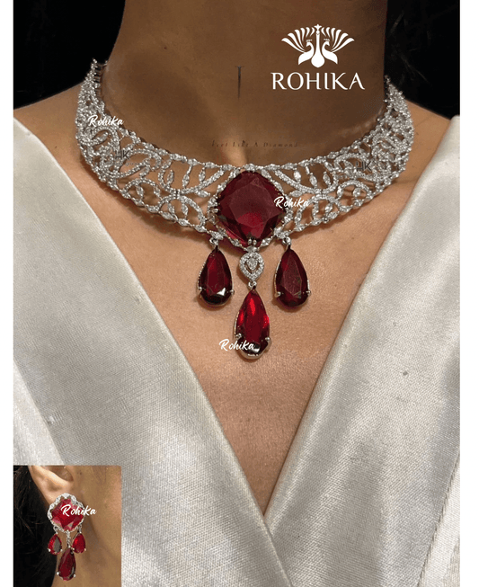 American diamond necklace set (ADN -001) - Red - Rohika Store