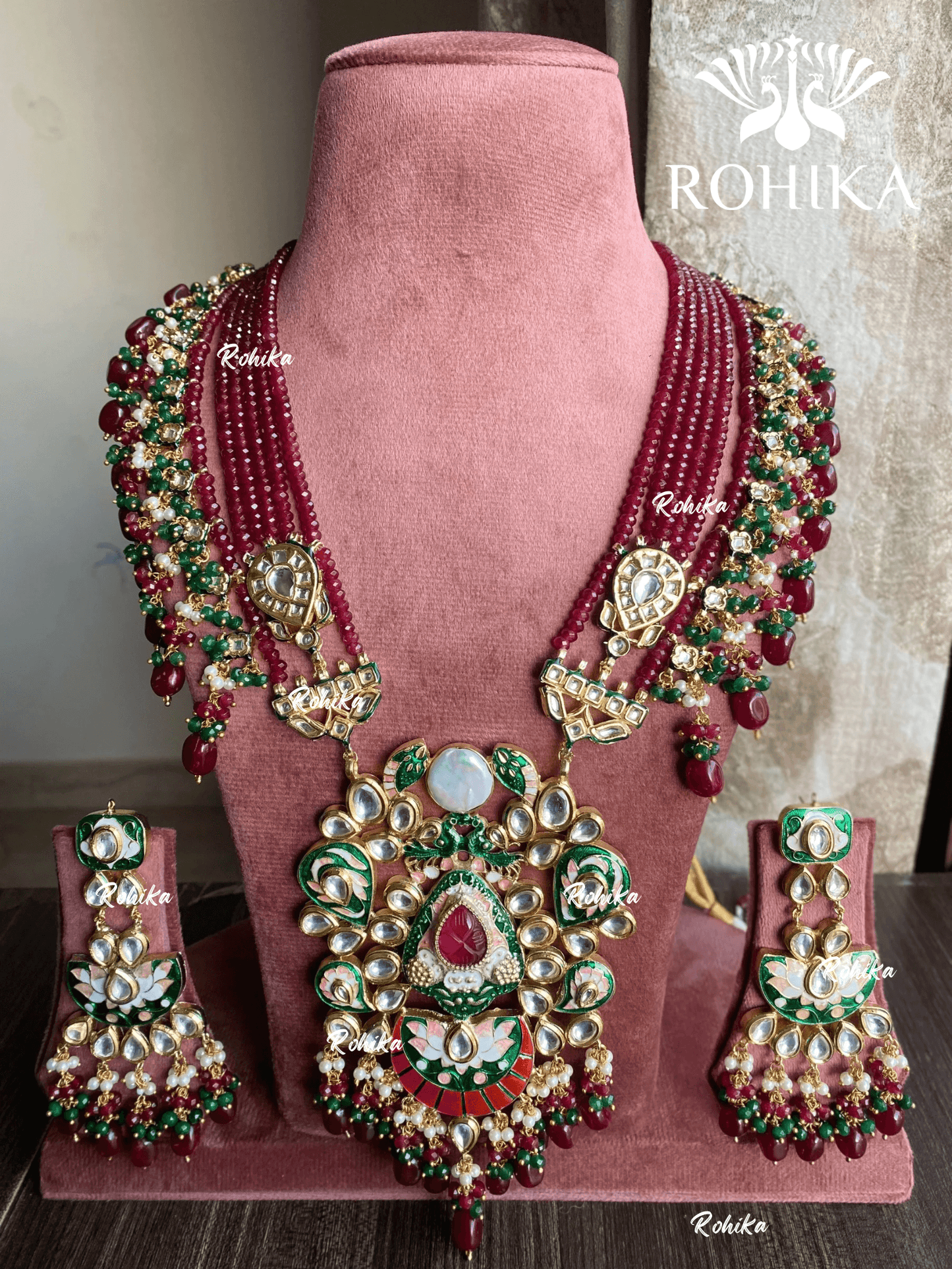 Divya meenakari kundan long necklace set - Maroon - Rohika Store