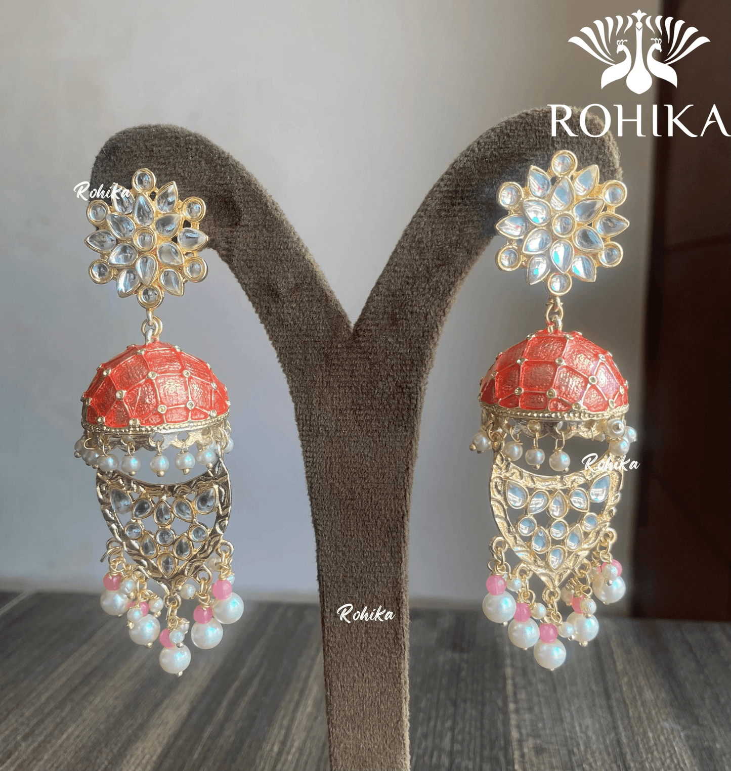 Mekha meenakari jhumka earrings - Orange - Rohika Store