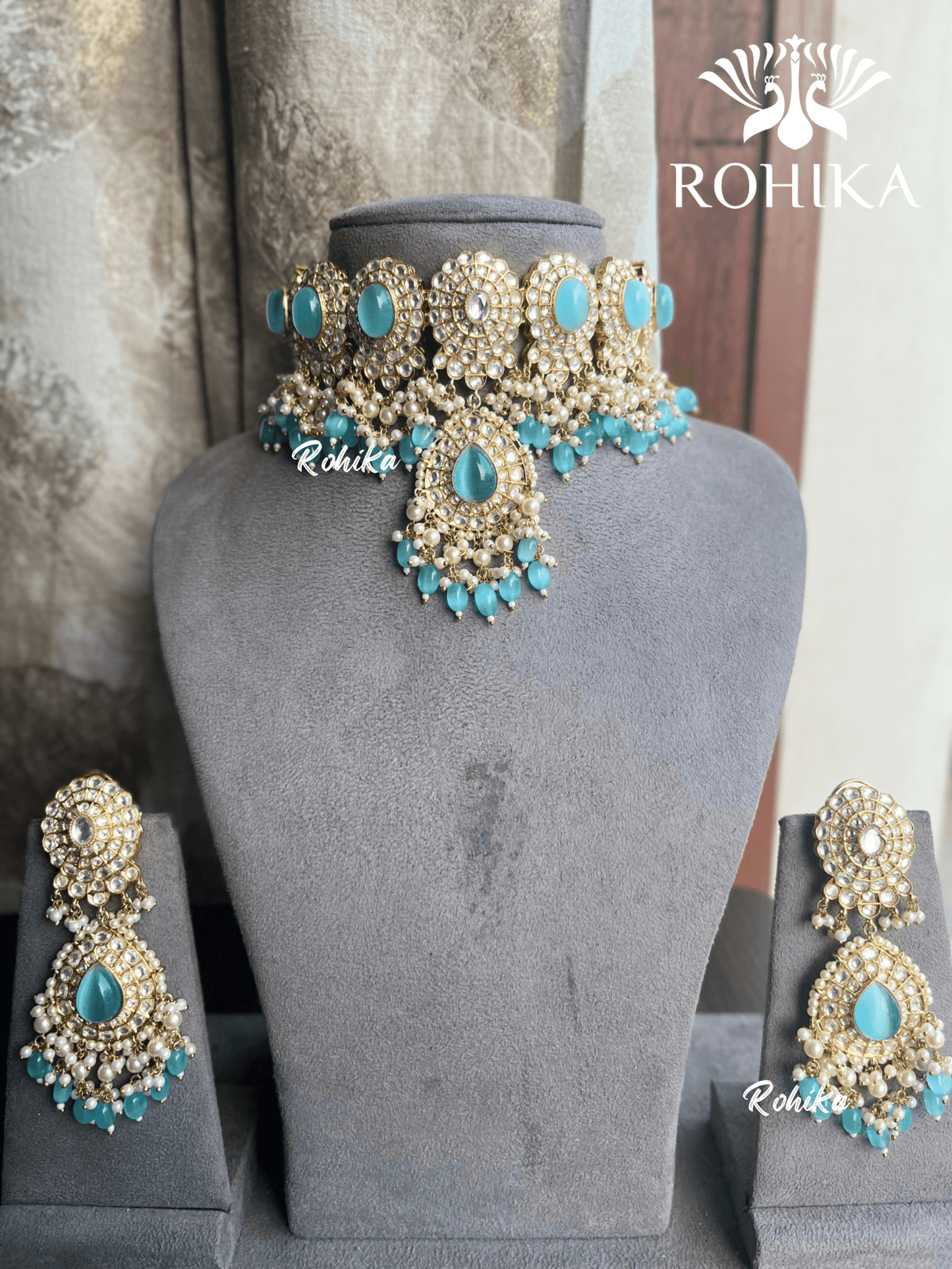 Neel polki kundan choker set - Blue - Rohika Store