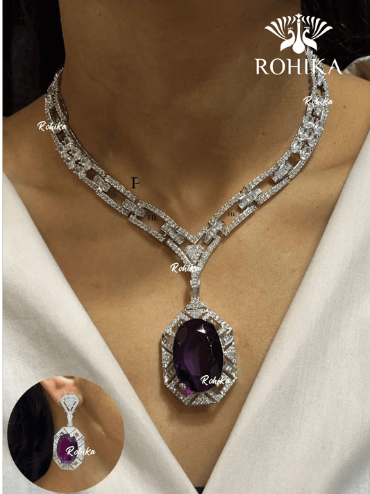 American diamond necklace set (ADN -009) - Dark purple - Rohika Store