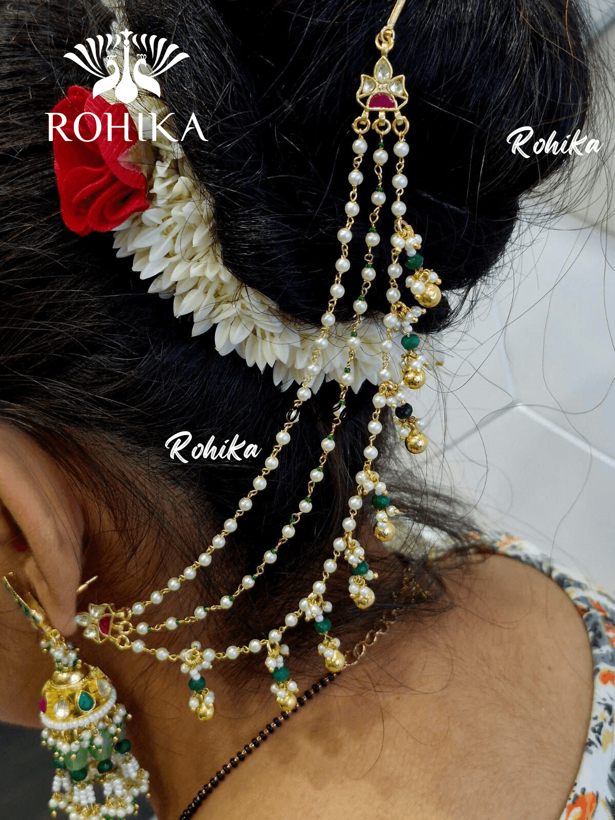 Pachhi kundan earchains - Green and golden - Rohika Store
