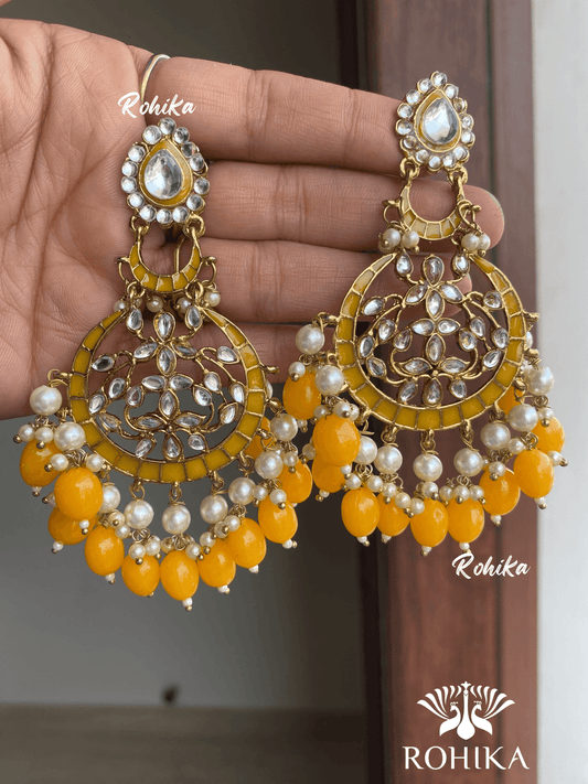 Kajal meenakari kundan earrings - Yellow - Rohika Store