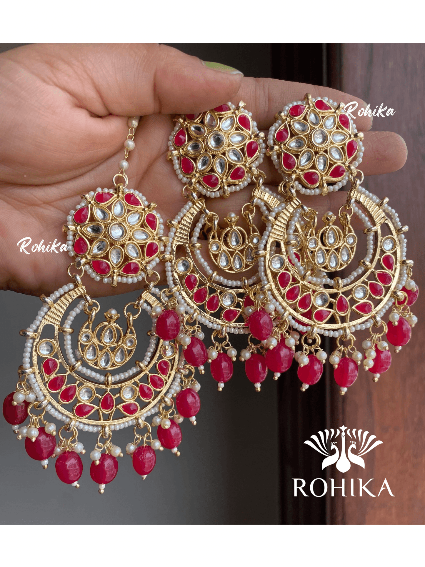 Karina earrings and maangtikka combo - Meganta pink - Rohika Store