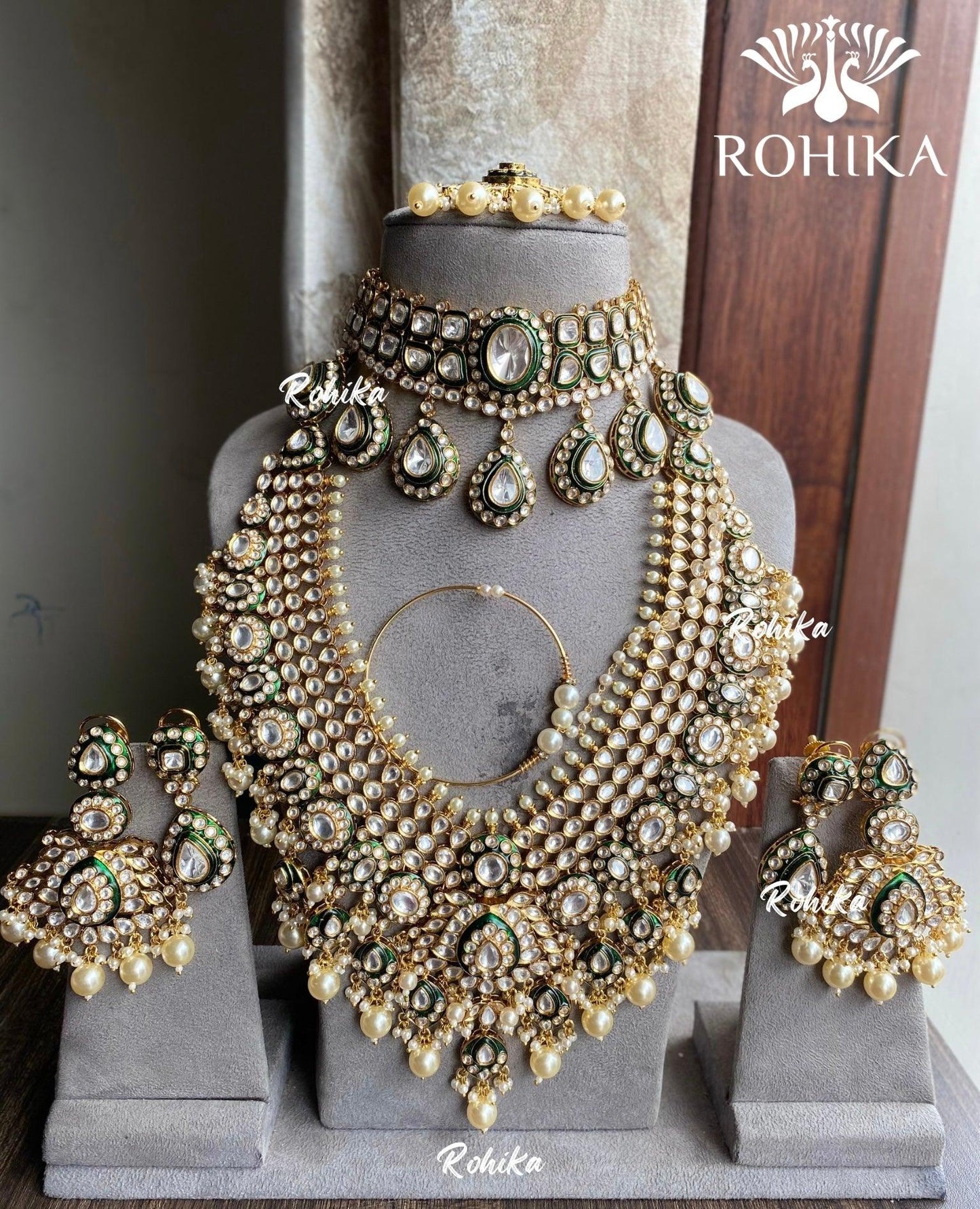 Vayu bikaneri polki kundan bridal combo set - Dark Green - Rohika Store