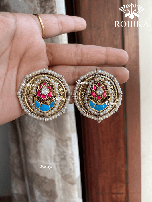 Banjara fusion Studs earrings (FE-017) - Pink & blue - Rohika Store