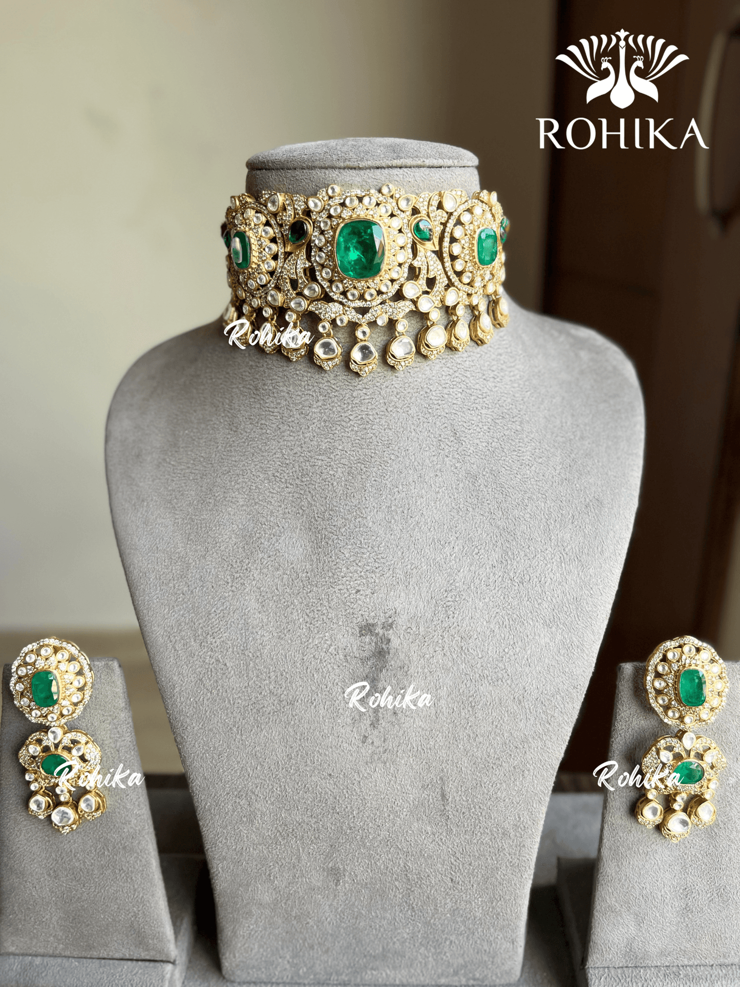 Chhaya moisanite choker set - Green - Rohika Store