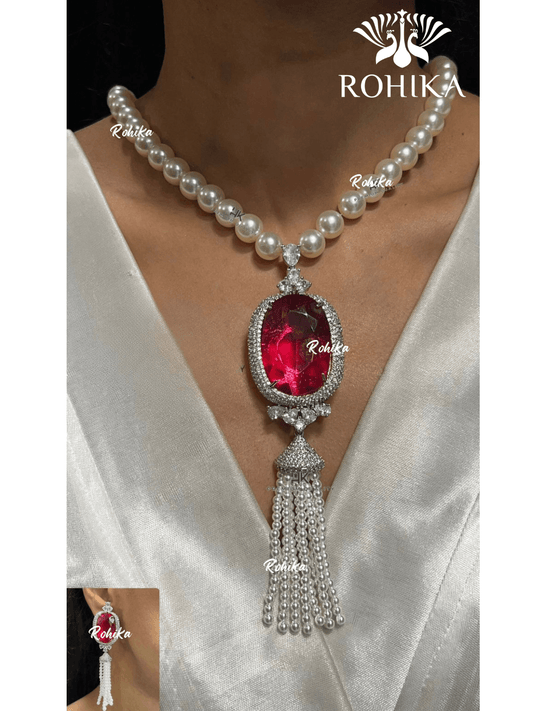 American diamond necklace set (ADN -012) - Red - Rohika Store