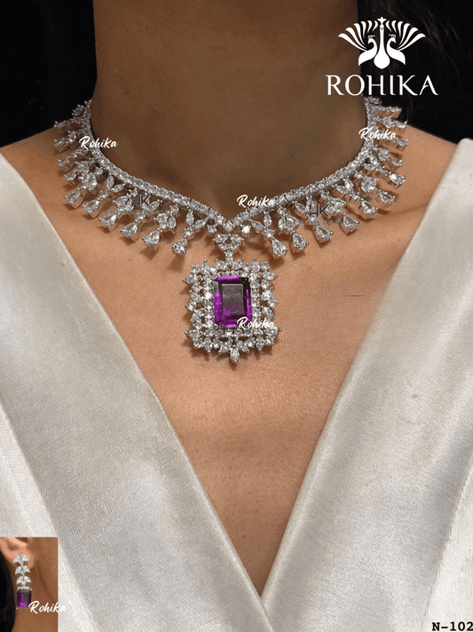 American diamond necklace set (ADN -014) - Dark purple - Rohika Store