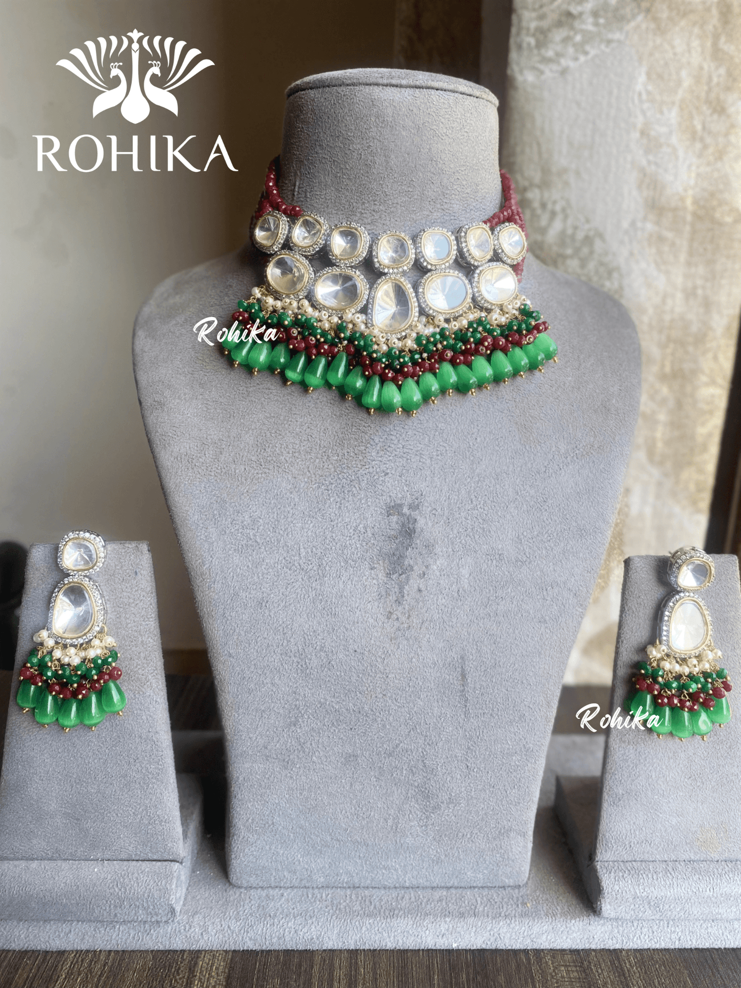 Laisha polki kundan necklace set - Dark green and maroon - Rohika Store