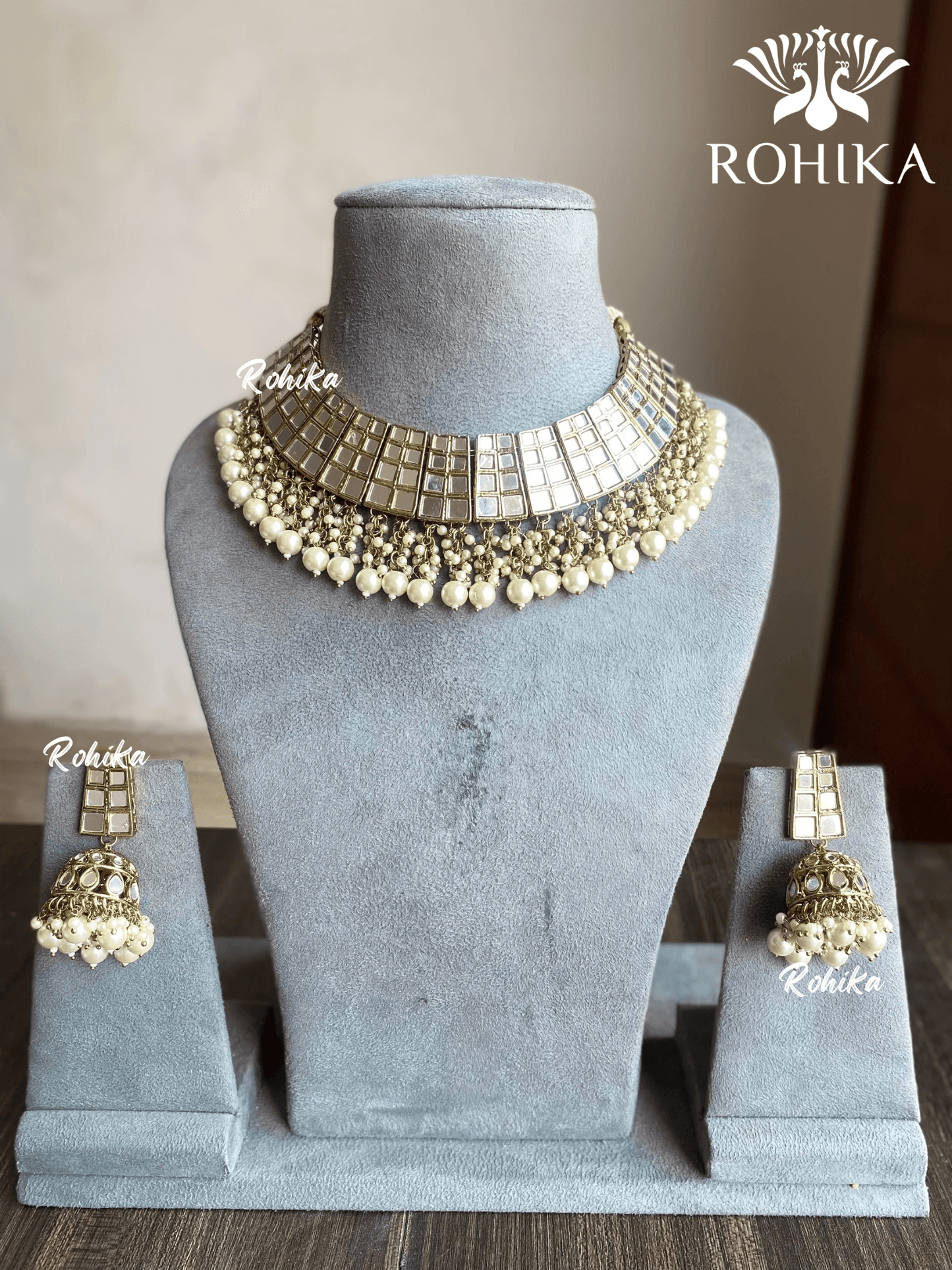 Sana mirror necklace set - White - Rohika Store