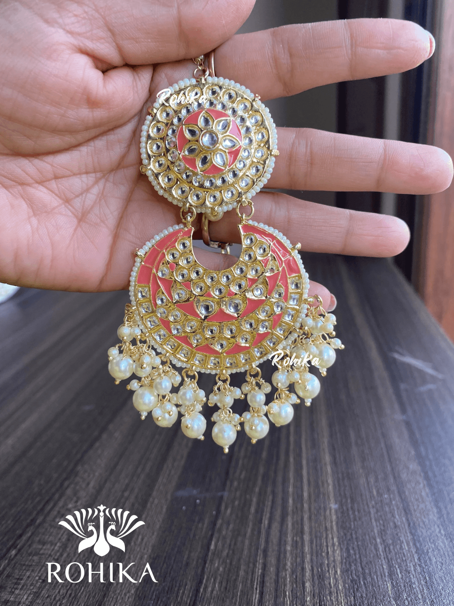 Tisha earrings and maangtikka combo - Peach - Rohika Store