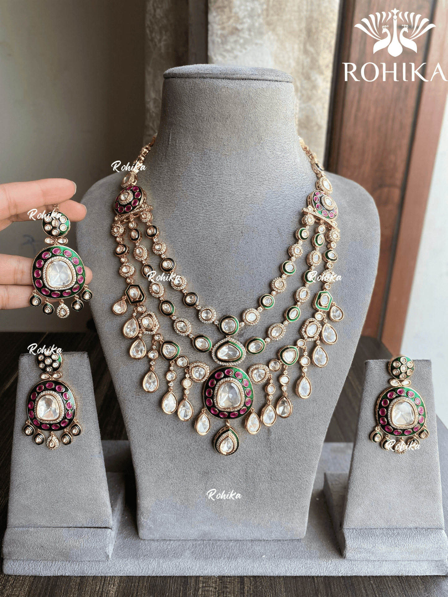 Tvisha Moisanite Polki Necklace Set - Green - Rohika Store