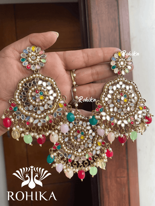 Rashi mirror earrings tikka combo - Multi colour - Rohika Store
