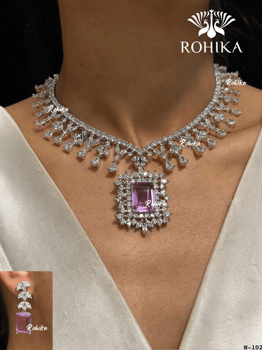 American diamond necklace set (ADN -014) - Purple - Rohika Store