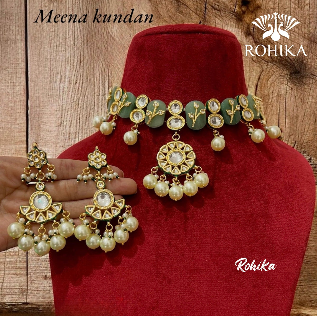 Ananta kundan necklace set (N-015)- Mint green - Rohika store