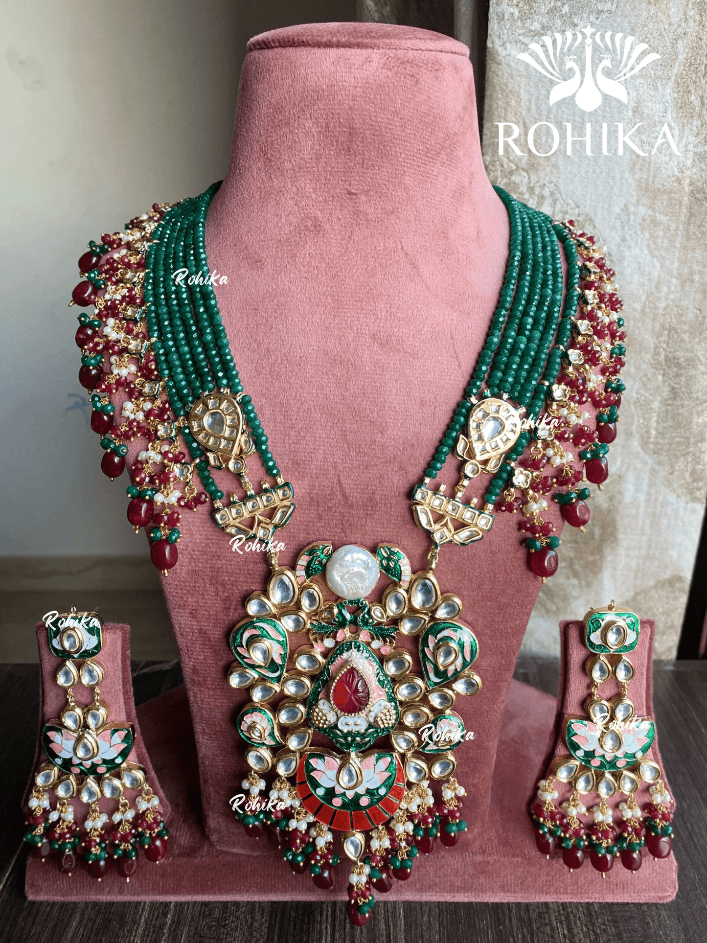 Divya meenakari kundan long necklace set - Dark green & maroon - Rohika Store