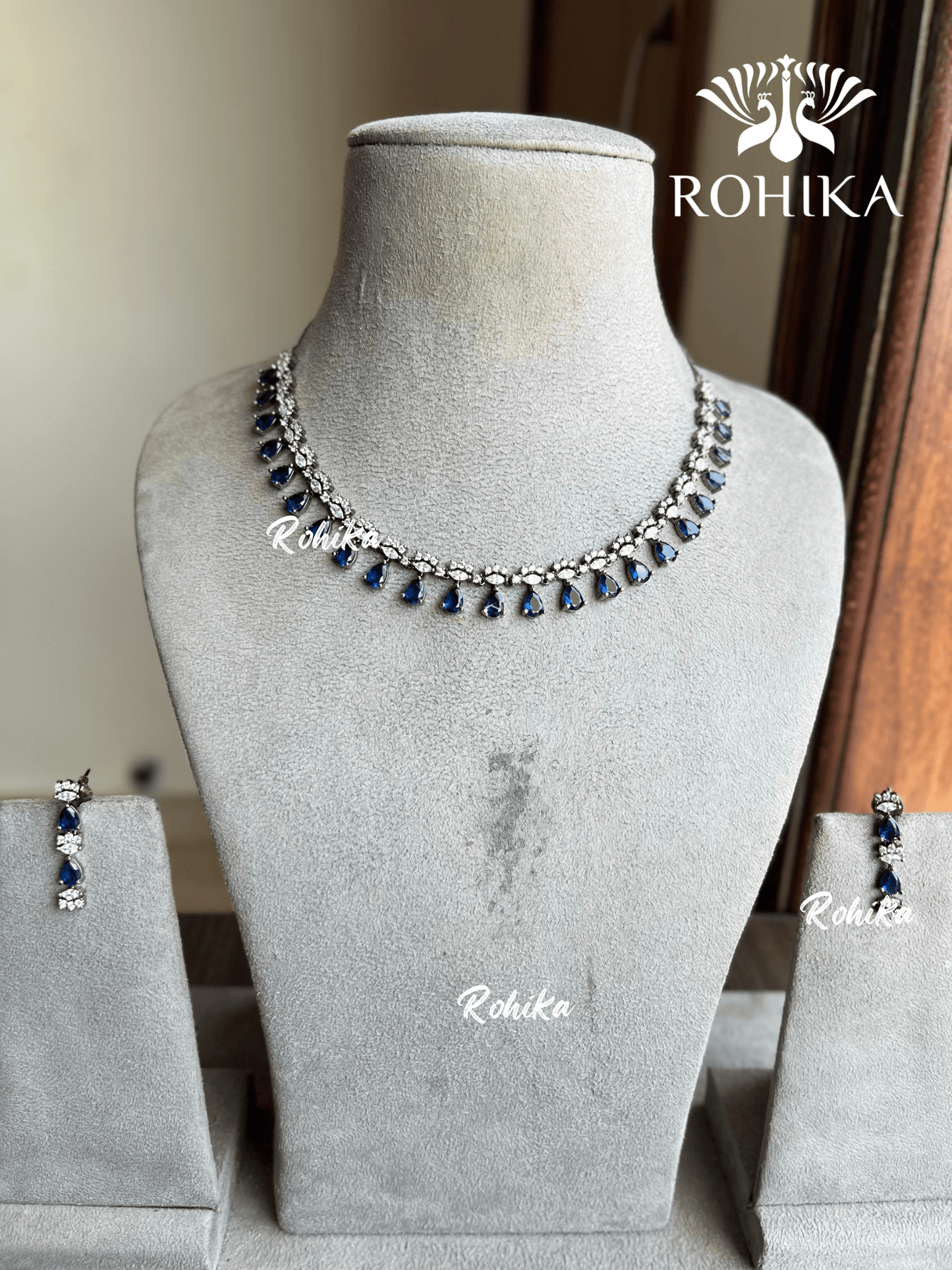 Ria American diamond necklace set - Dark/Navy blue - Rohika Store