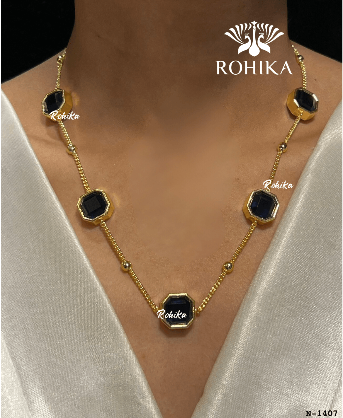 Vera american diamond necklace set - Dark blue - Rohika Store