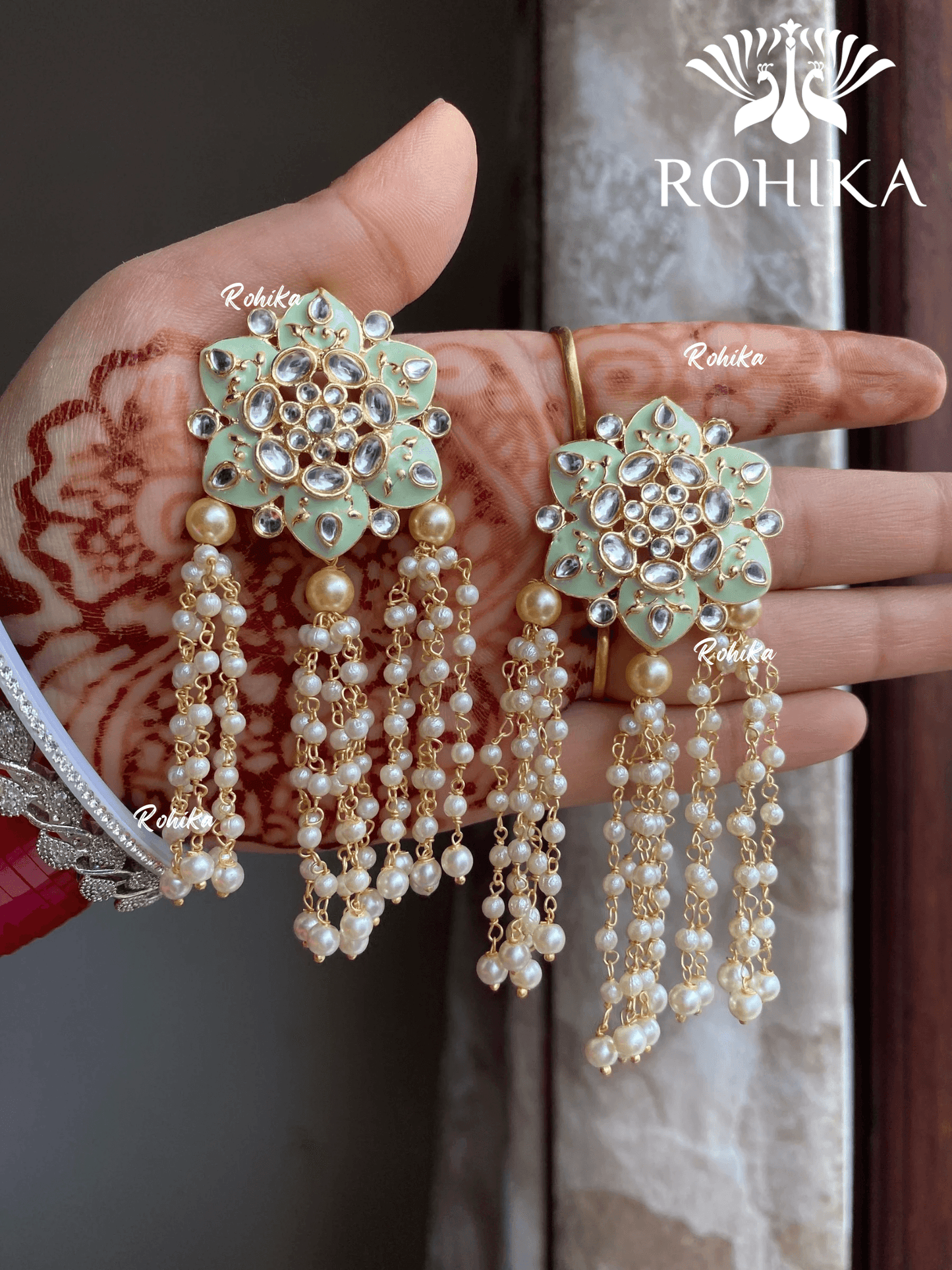 Monika kundan earrings - Mint green - Rohika Store