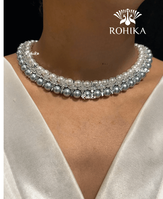 Alicia american diamond necklace set - Silver - Rohika Store