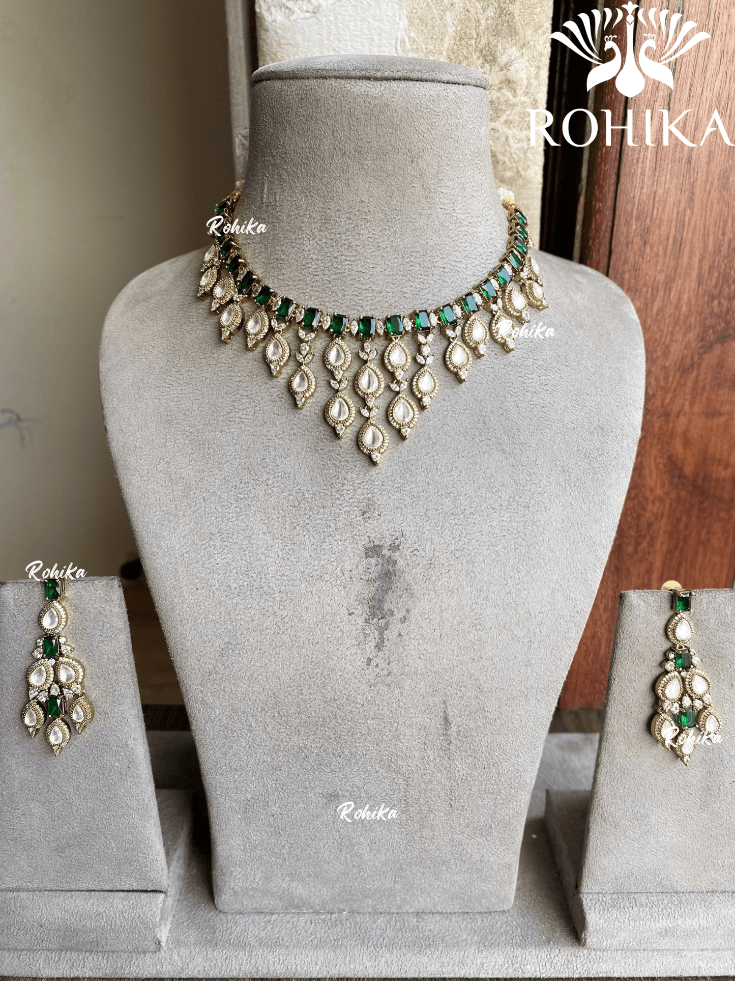 Aashi polki kundan necklace set - Dark green - Rohika Store