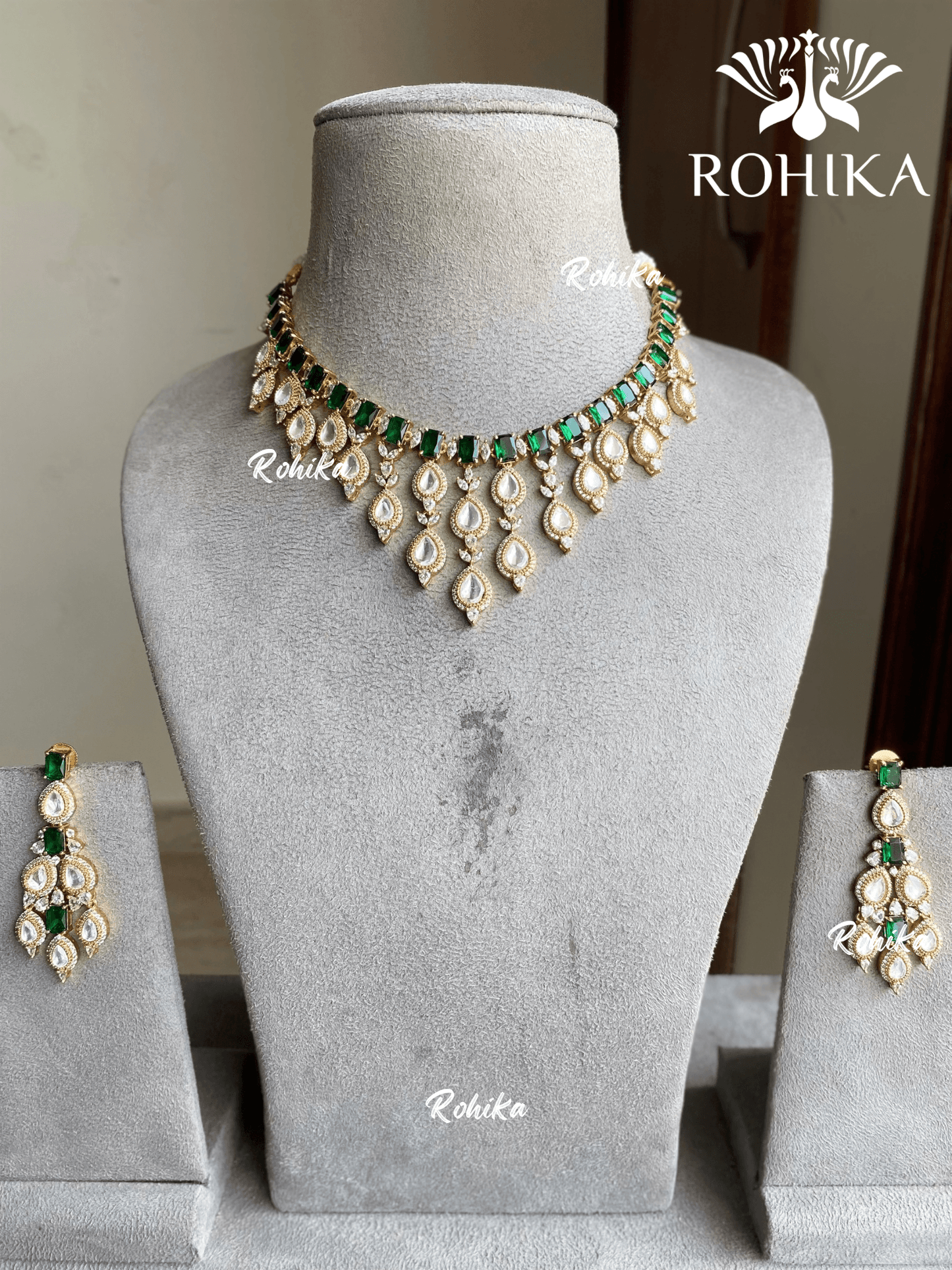 Aashi polki kundan necklace set - Dark green - Rohika Store