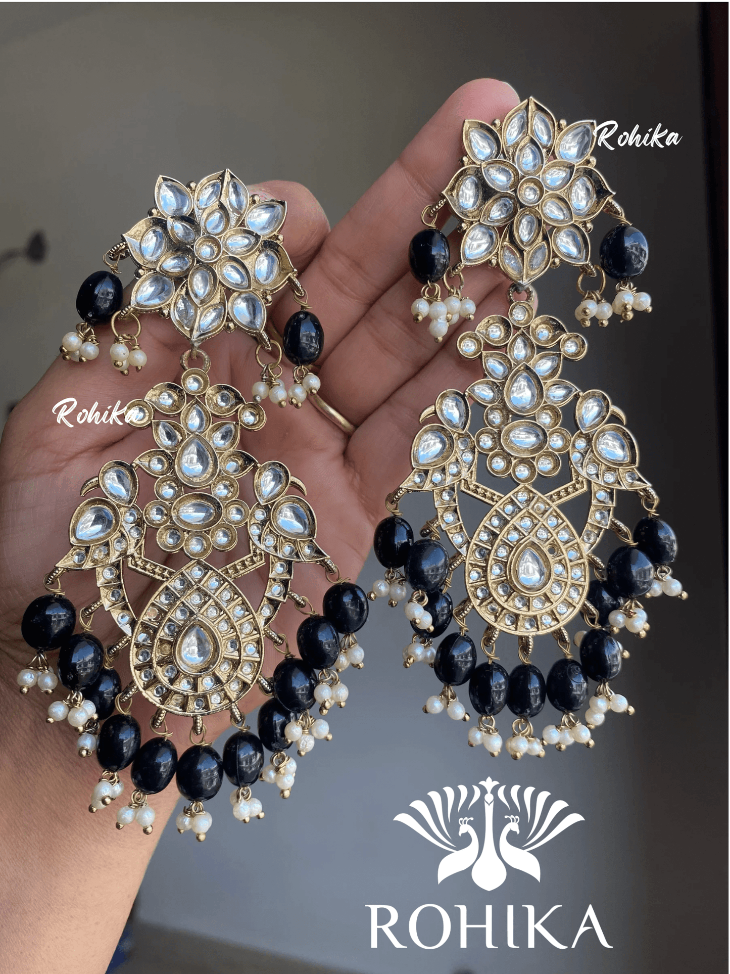 Anupama kundan earrings -Black - Rohika Store
