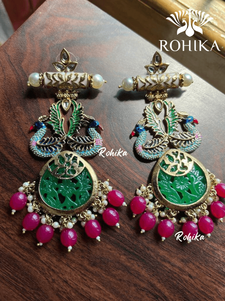 Morni meenakari carving earrings - Green - Rohika Store