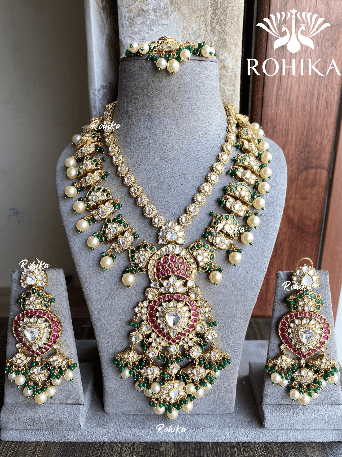 Sangam polki kundan long necklace set - Dark green and Pink - Rohika Store