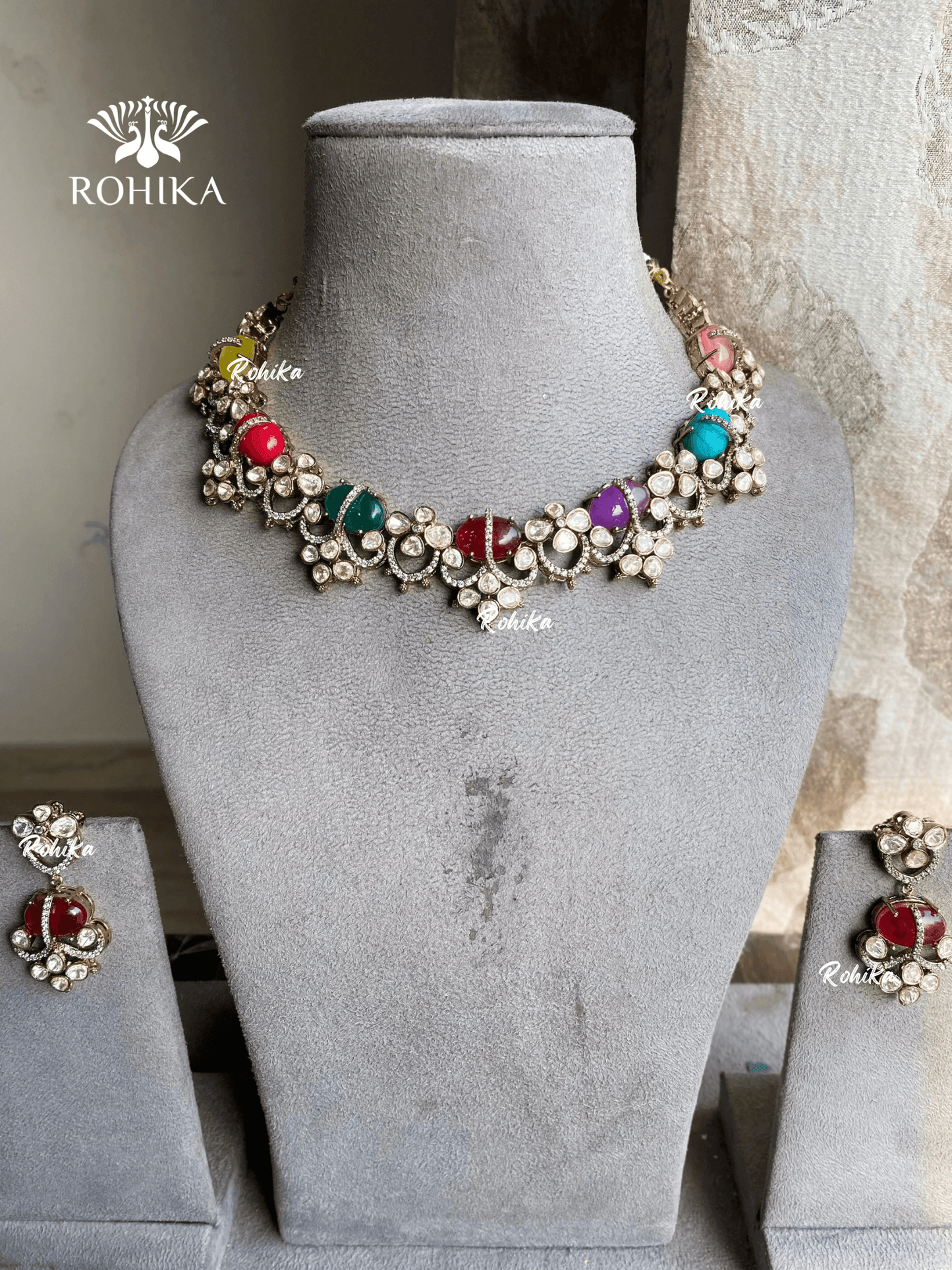 Maansi moisanite necklace set - Multi colour - Rohika Store