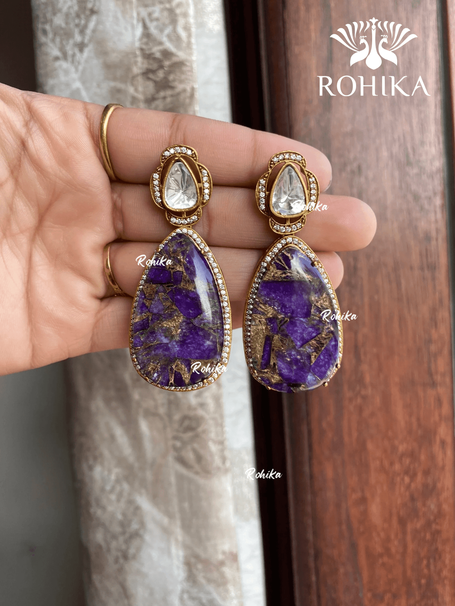 Polki kundan earrings (M-014) - Purple - Rohika Store