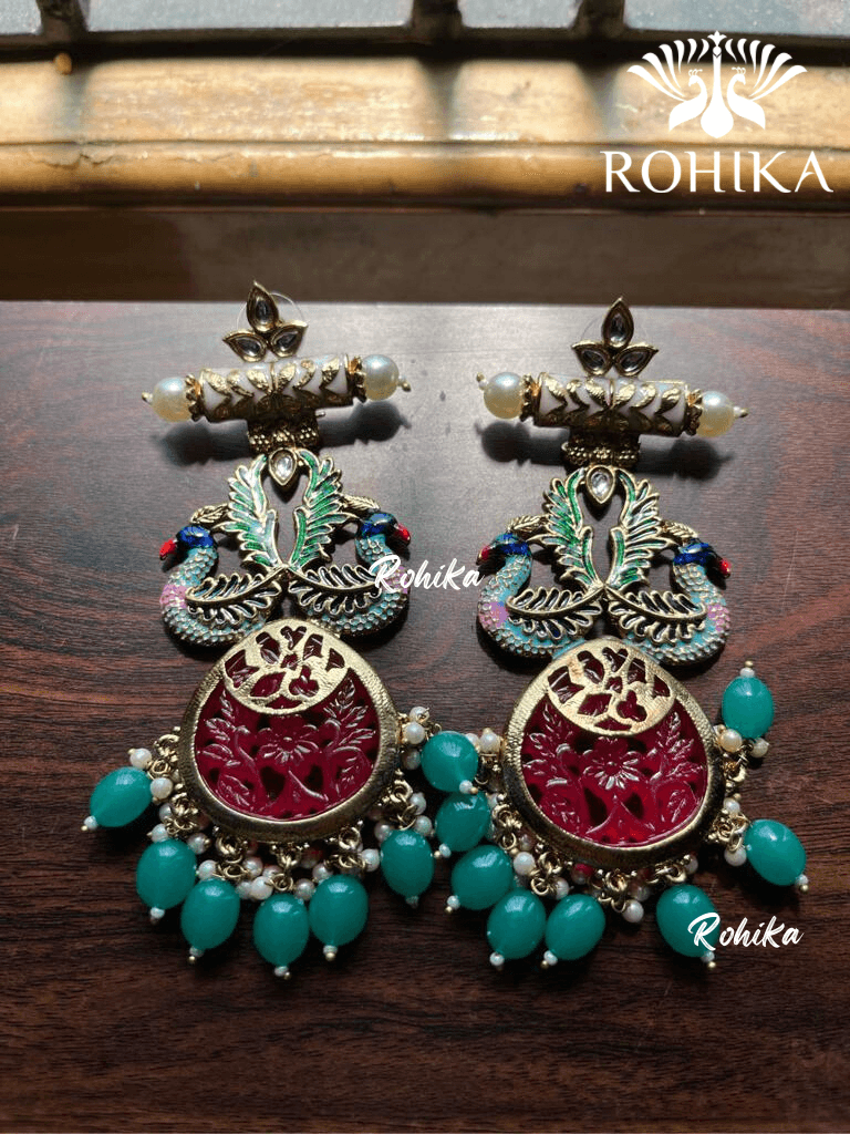 Morni meenakari carving earrings -Red - Rohika Store