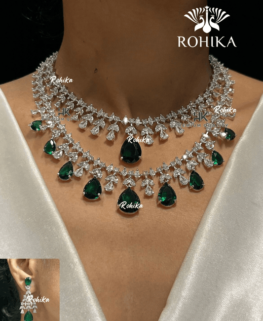 Eula american diamond necklace set - Dark green - Rohika Store