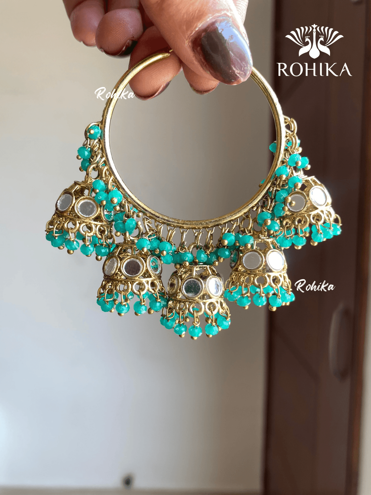 Leena mirror jhumki bali earrings - Dark green - Rohika Store