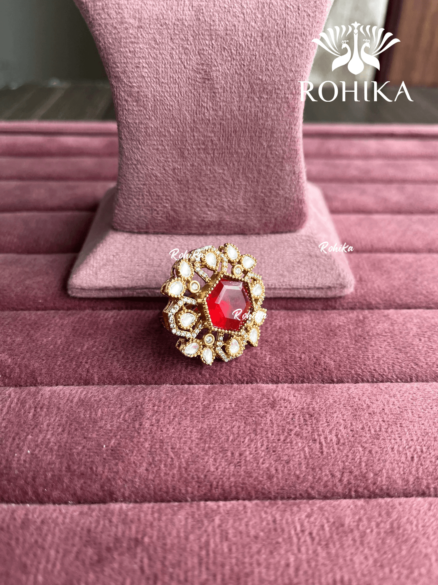 Angana polki kundan ring (SG-096) - Red - Rohika Store
