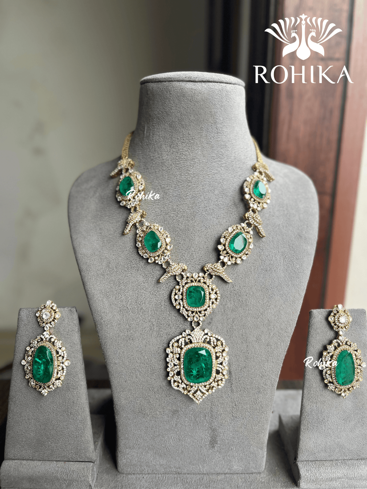 Aashka doublet stone necklace set - Dark Green - Rohika Store