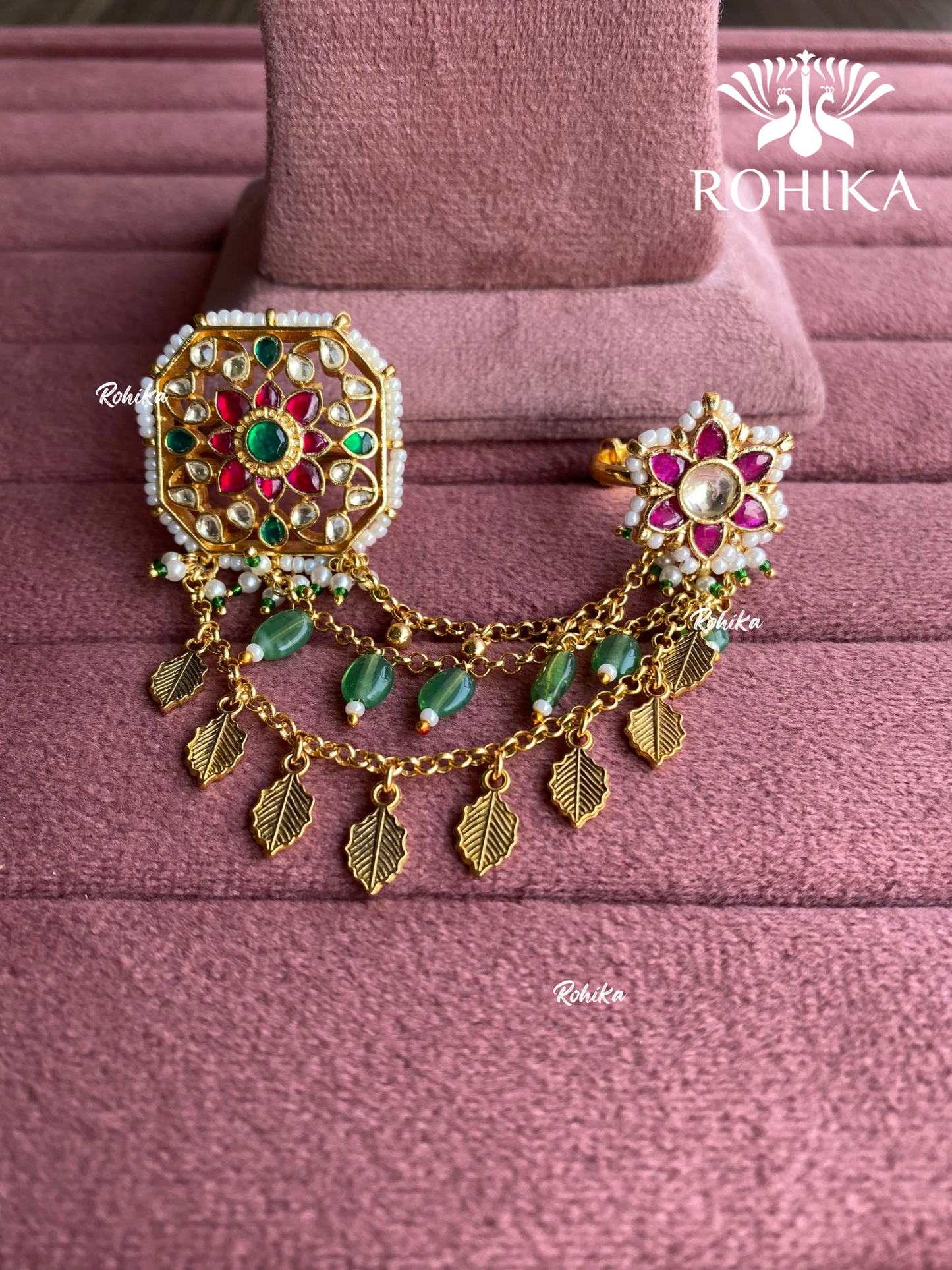 Padmini pachhi kundan ring (SG-163) - Mint Green & Red - Rohika store