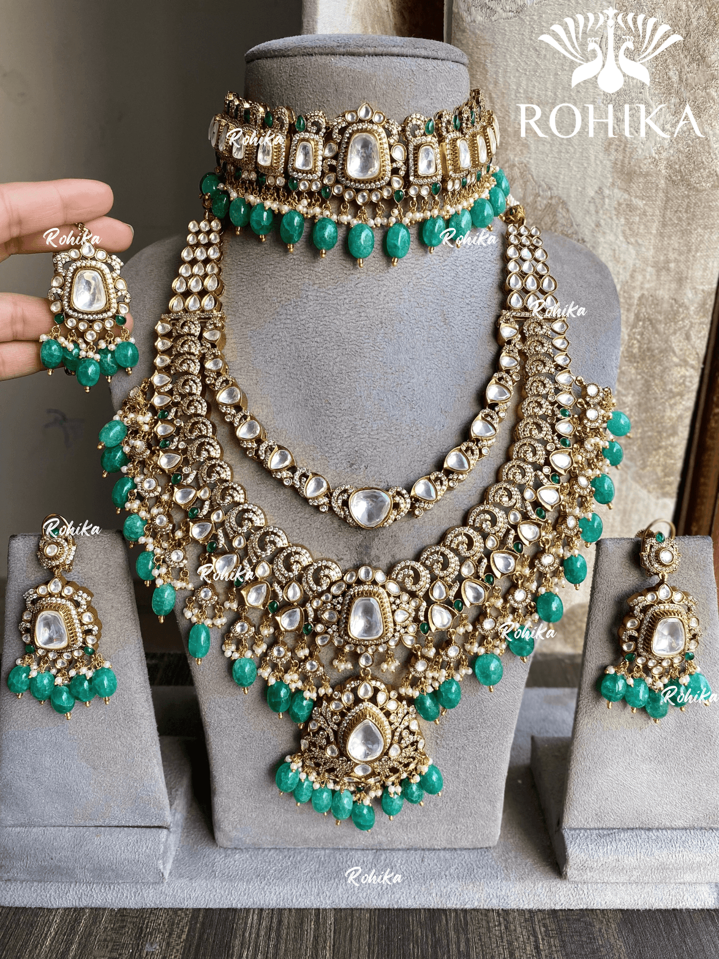 Satya polki kundan combo set - Green - Rohika Store