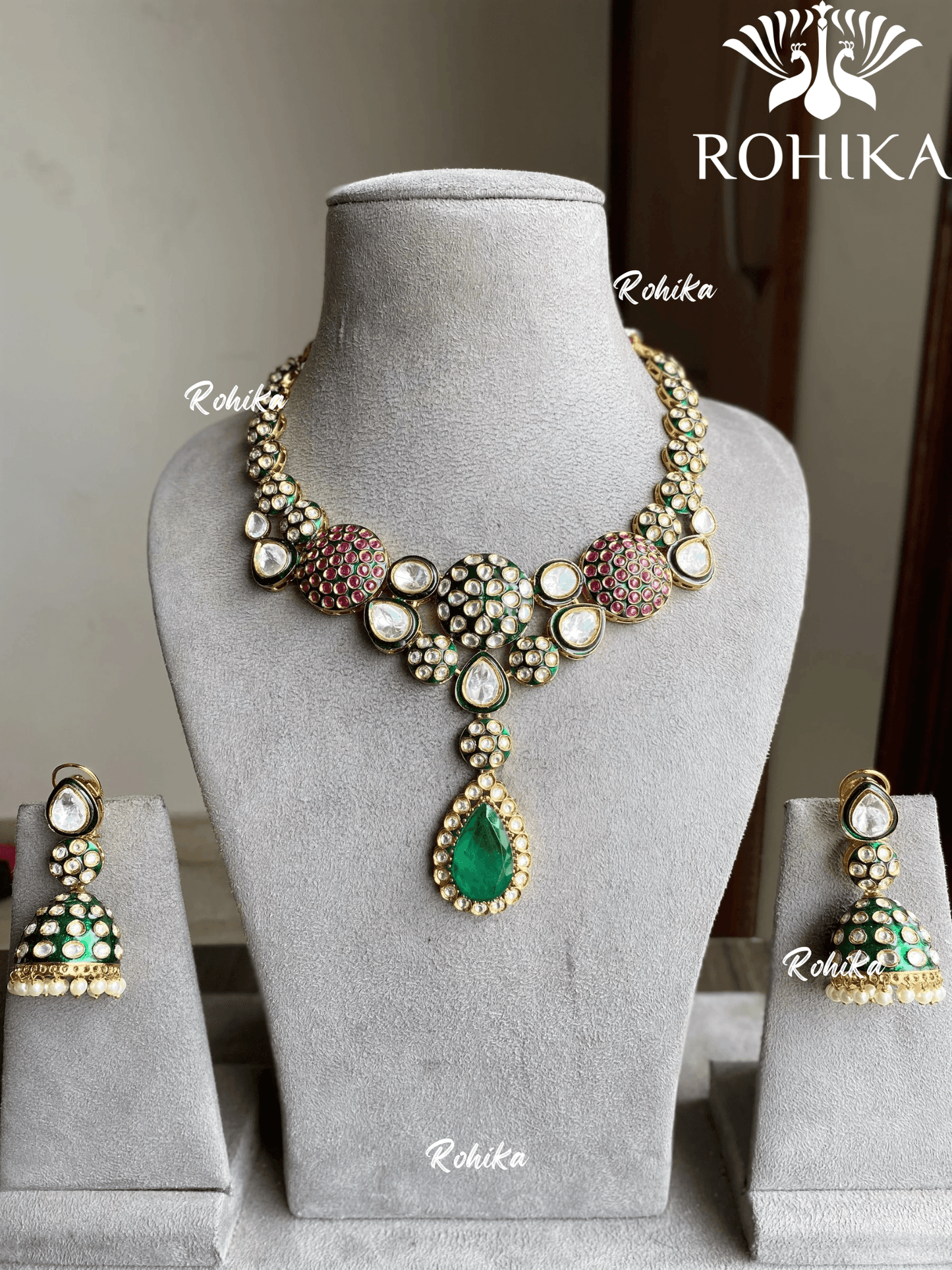 Ushani kundan necklace set - Dark Green - Rohika Store