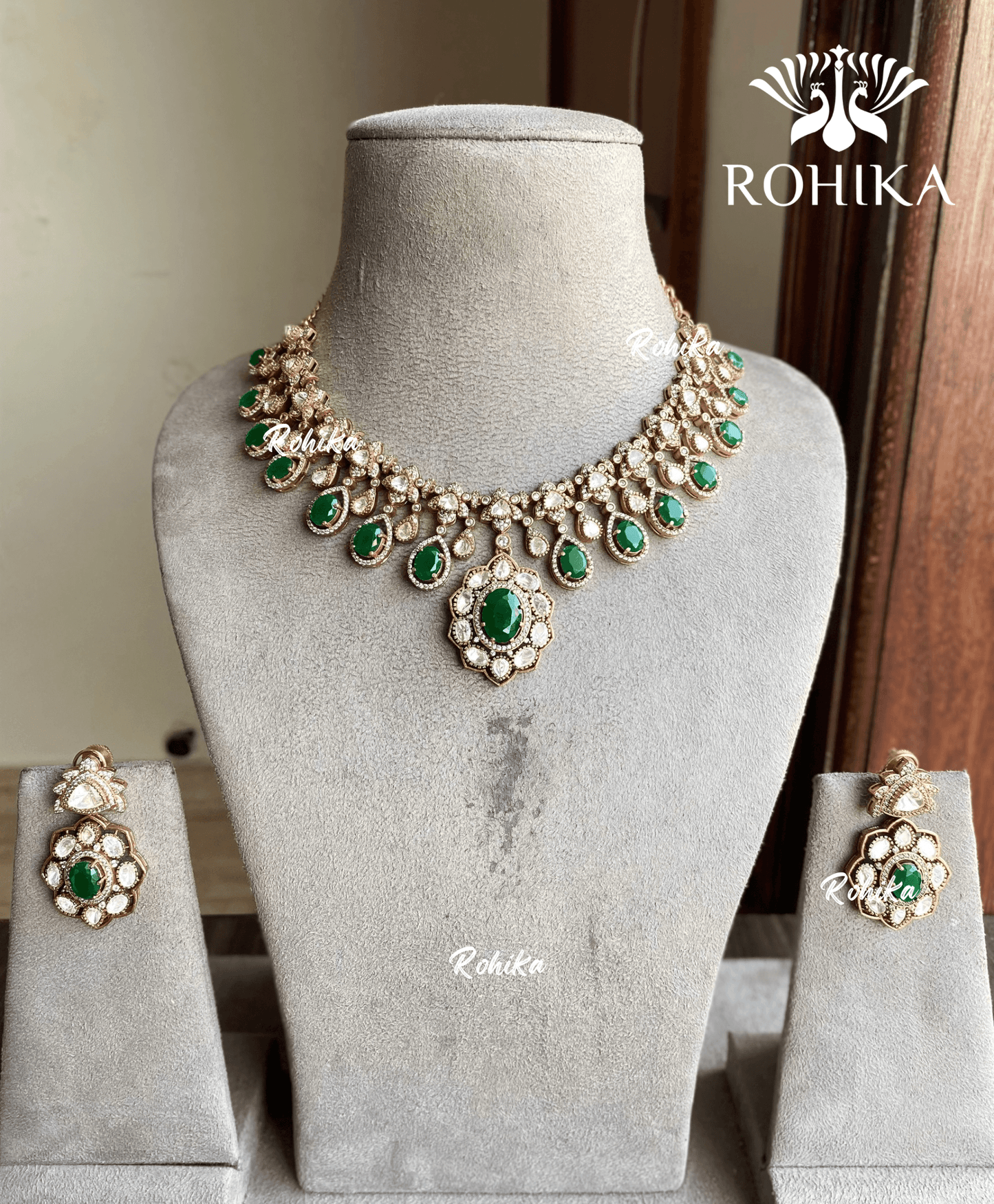 Mallika polki kundan necklace set - Dark Green - Rohika Store