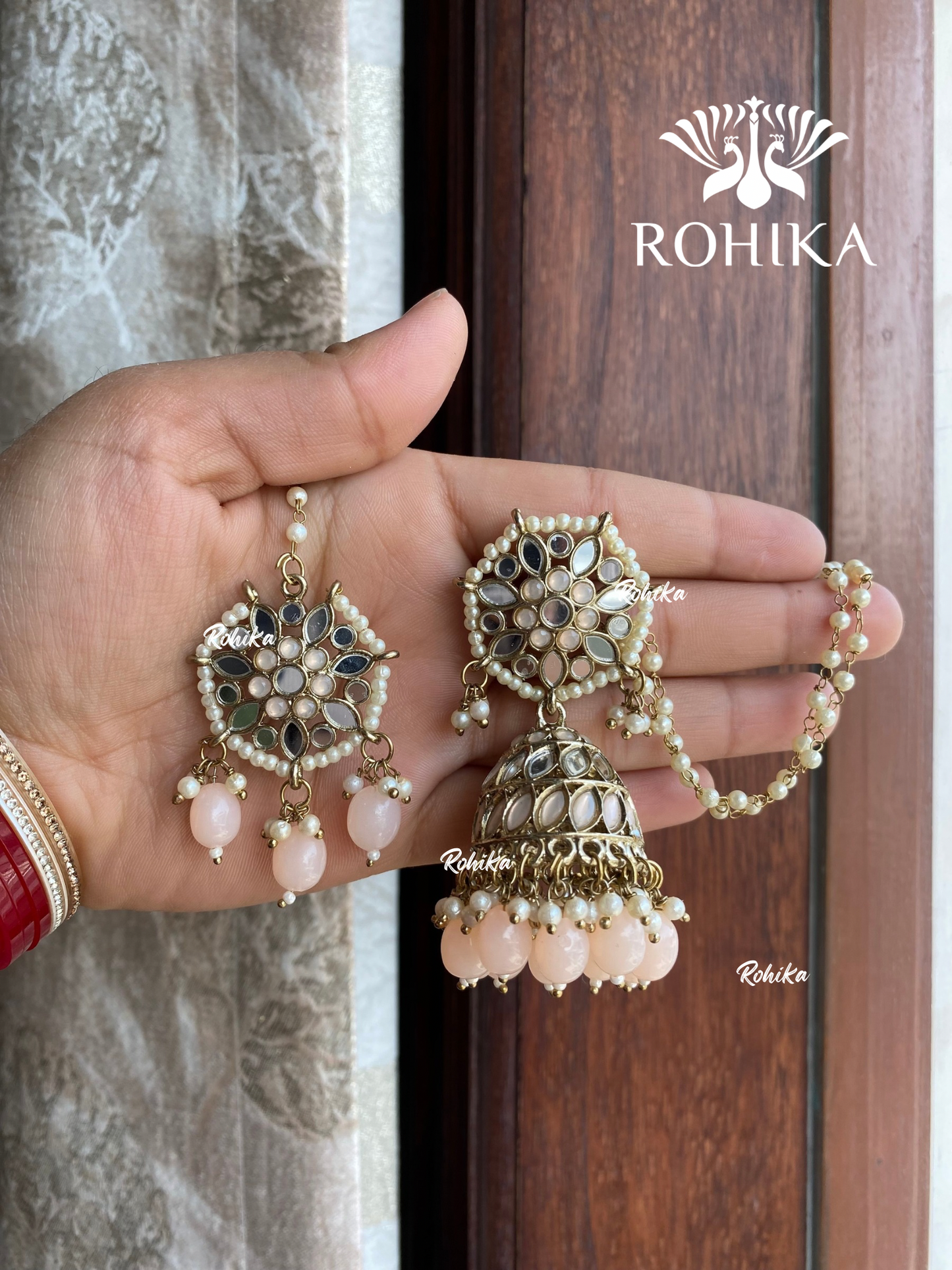 Chamki mirror jhumka earrings tikka combo - Peach