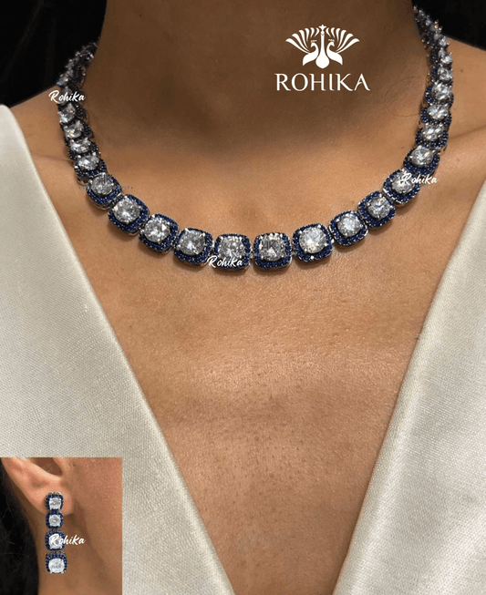 American diamond necklace set (ADN -003) - Dark blue - Rohika Store