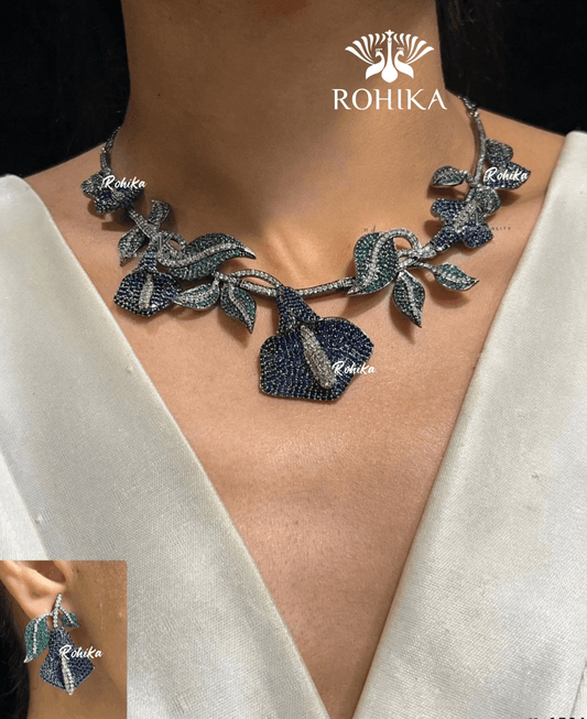 American diamond necklace set (ADN -008) - Dark green & blue - Rohika Store
