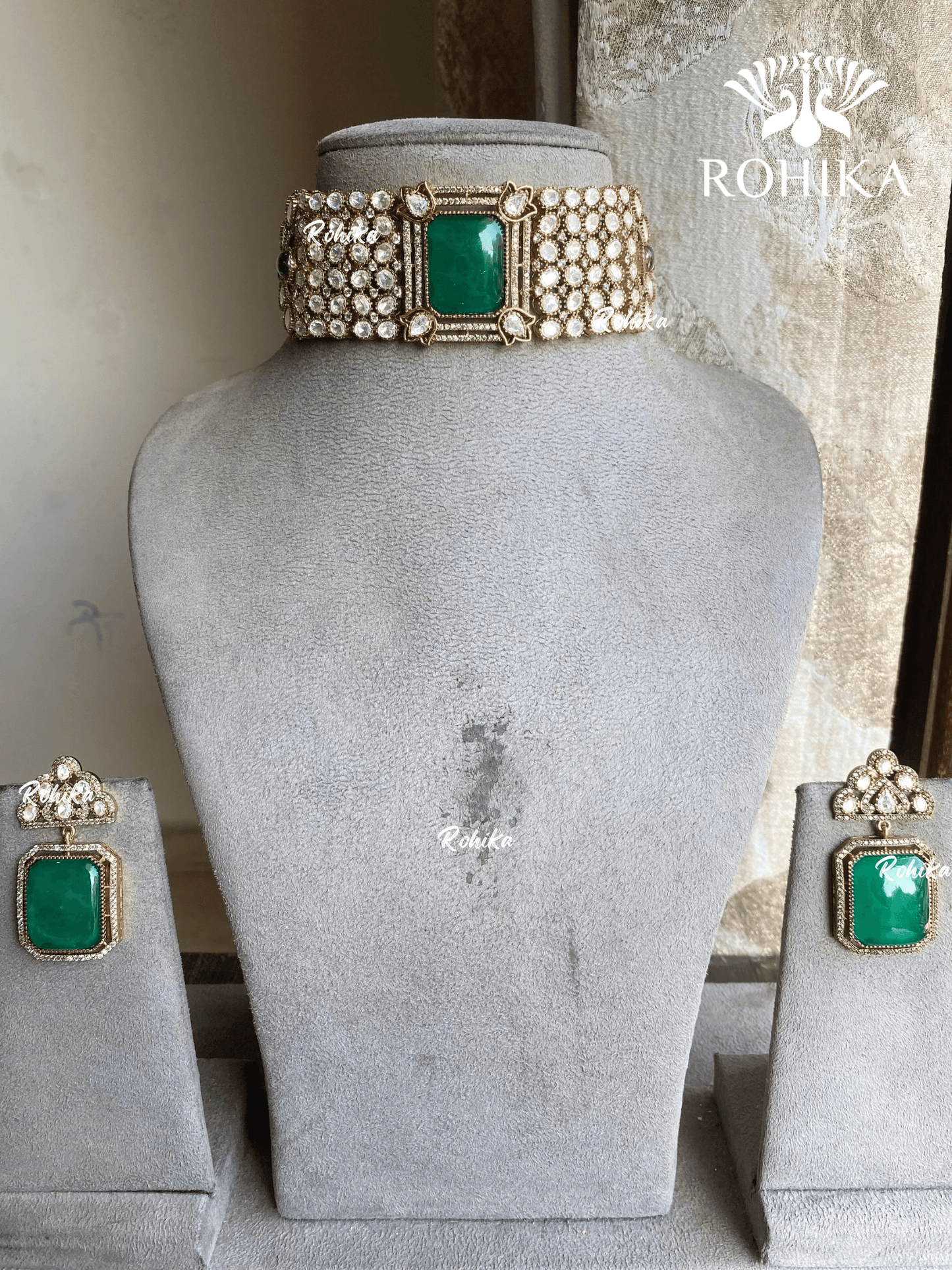 Udaya Polki Kundan Choker Set - Dark Green - Rohika Store