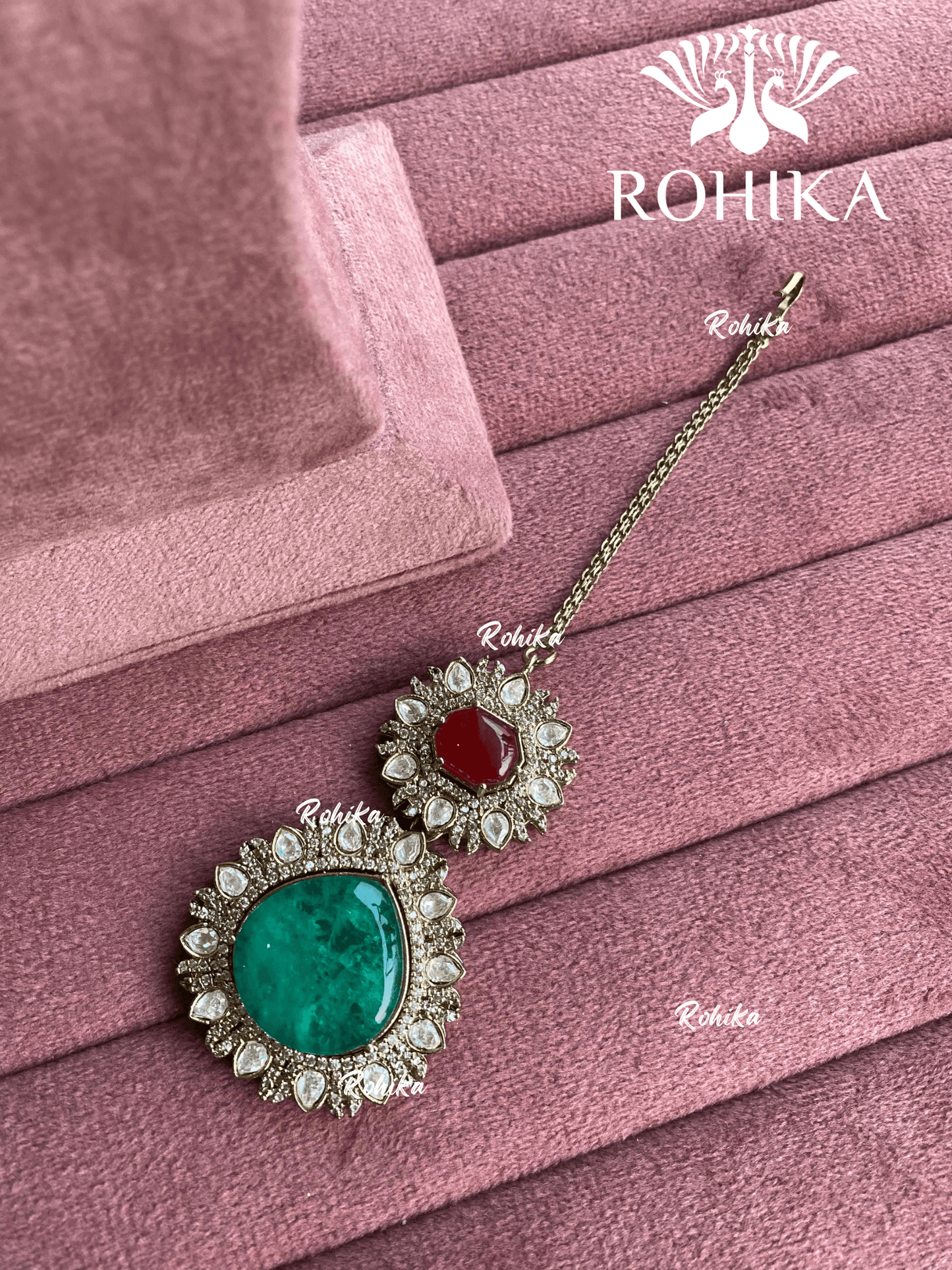 Siya doublet stone maangtikka - Red & dark green - Rohika Store