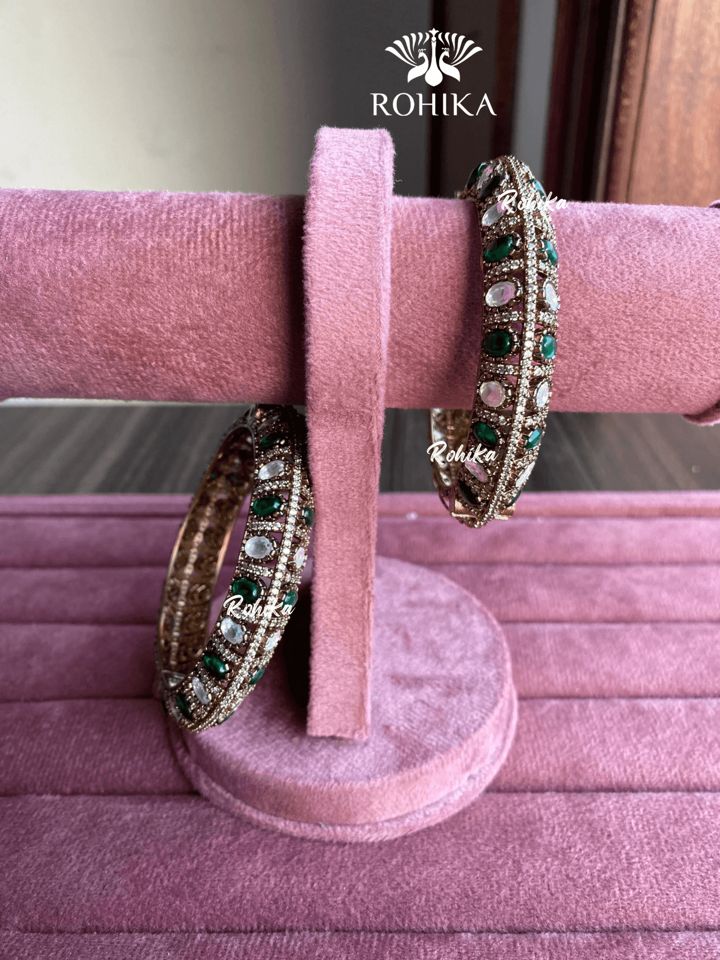 Pushp moisinite kundan kada/bangles - Green - Rohika Store